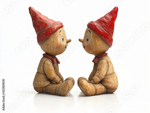 Twin Wooden Marionettes with Red Hats Sitting Face-to-Face, on a Reflective White Surface. photo