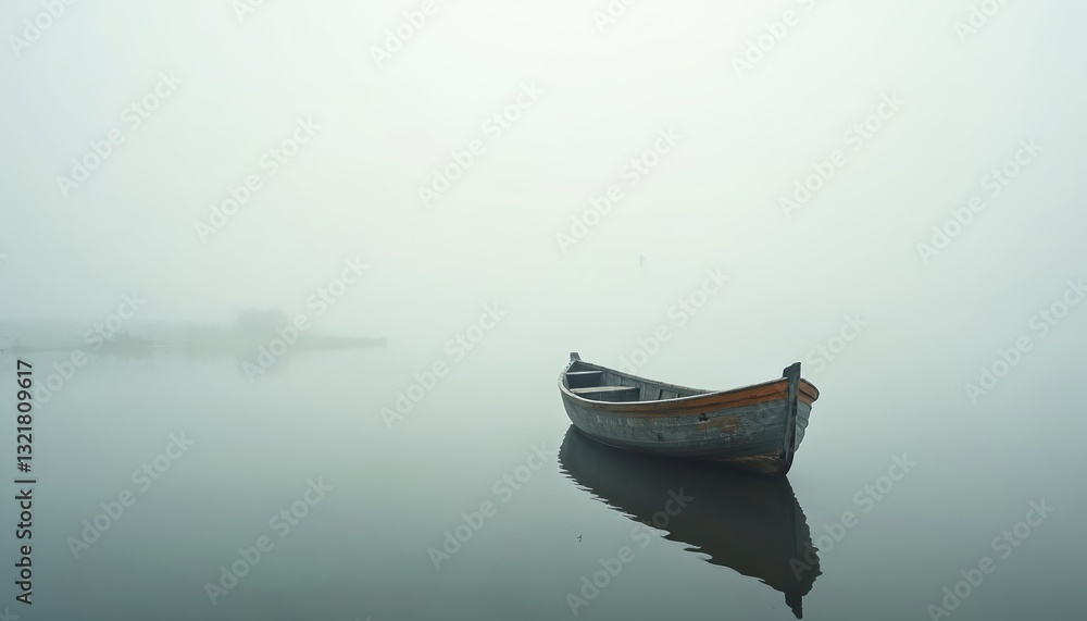 Naklejka premium Old boat on calm river in dense fog. Wooden fishing boat anchored on lake. Landscape of small vessel, misty waters, tranquil scene of morning nature, serene reflection.