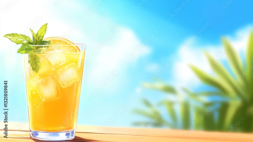 Refreshing orange drink with mint leaves on a sunny day, showcasing a vibrant outdoor setting Refreshing orange drink with mint leaves on a sunny day, showcasing a vibrant outdoor setting