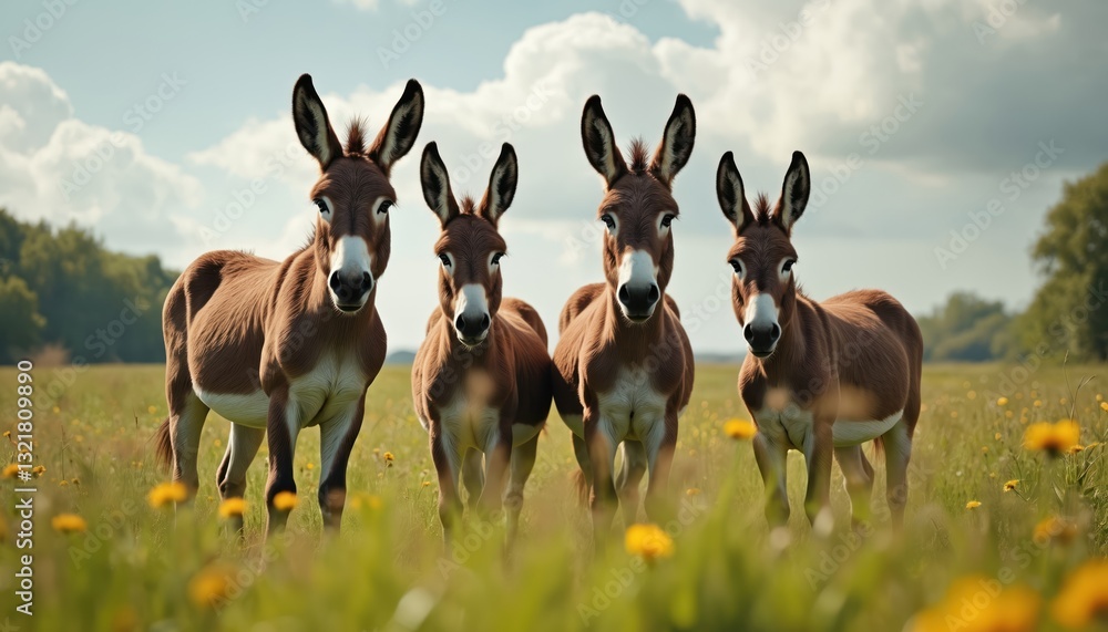 Group of four donkeys stands in peaceful summer farm field. Farm animals are grazing on pasture in rural countryside. Mammals look toward viewer in sunny idyllic scene. Group of four donkeys stands in peaceful summer farm field. Farm animals are grazing on pasture in rural countryside. Mammals look toward viewer in sunny idyllic scene.