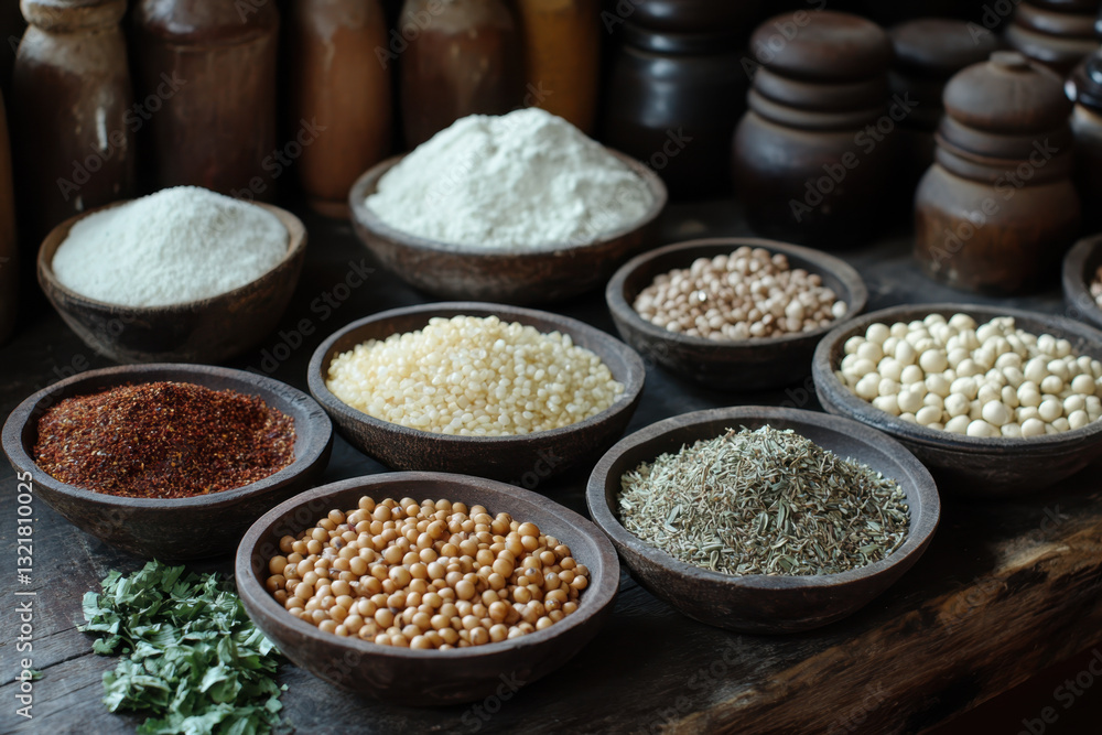A variety of aromatic spices on rustic wooden table, including cinnamon sticks, cardamom pods, and star anise arranged in small dishes. A variety of aromatic spices on rustic wooden table, including cinnamon sticks, cardamom pods, and star anise arranged in small dishes.