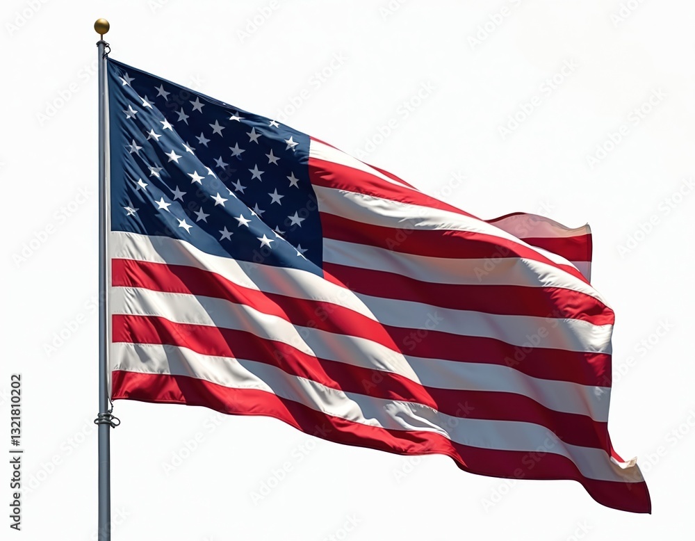 Fototapeta premium USA American flag waving on flagpole against white background. Stars and stripes banner flutters in wind as symbol of freedom, independence, national pride, patriotism. Transparent PNG background.