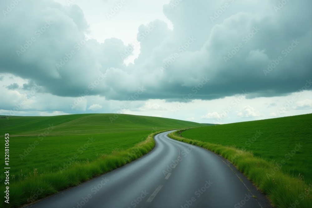 Fototapeta premium Serene Asphalt Path Winding Through Verdant Rolling Hills Under a Dramatic Cloudy Sky
