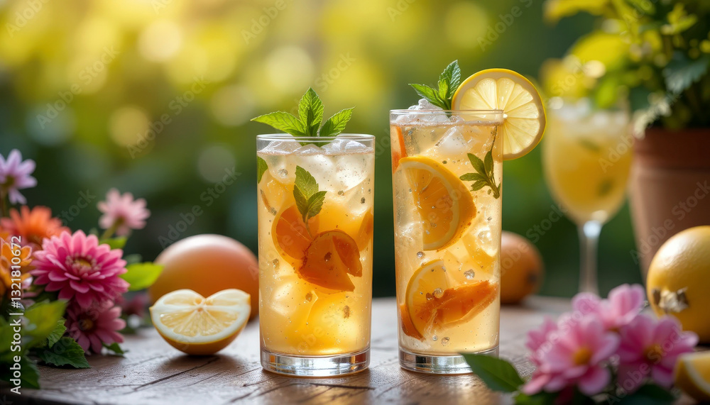 Refreshing citrus drinks with lemon and mint, surrounded by flowers and oranges Refreshing citrus drinks with lemon and mint, surrounded by flowers and oranges