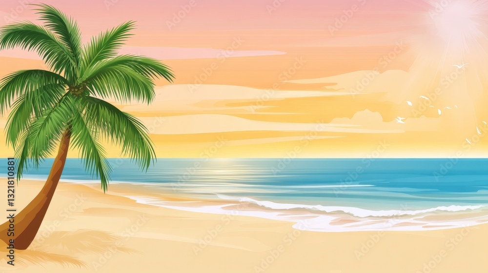 Obraz premium Stunning Sunset Beach Scene: A Tropical Paradise Illustration