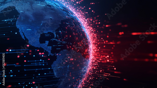 A futuristic digital globe, half covered in a blue cybernetic grid and the other half engulfed in red flames, signifying geopolitical rivalry and cyber warfare.