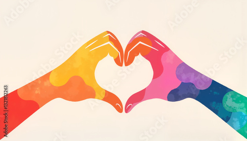 Colorful hands forming a heart shape, representing LGBTQ+ unity and connection for Pride Month materials
