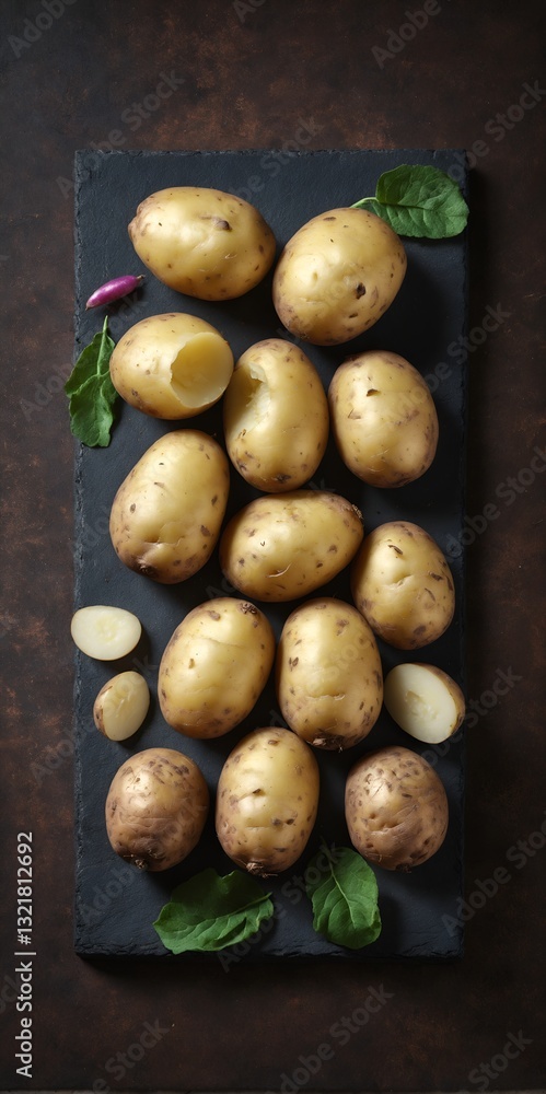 Raw potatoes from field on ground background. Top view flat lay.