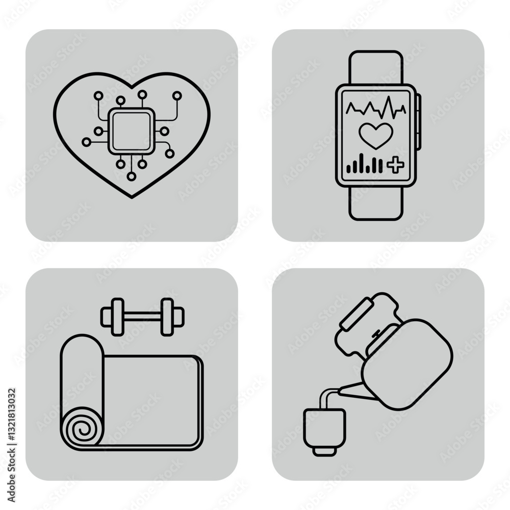 Collection of various health icons, including digital heart, fitness tracker, weights, yoga mat, and hot drink. Wellness and fitness activities concept