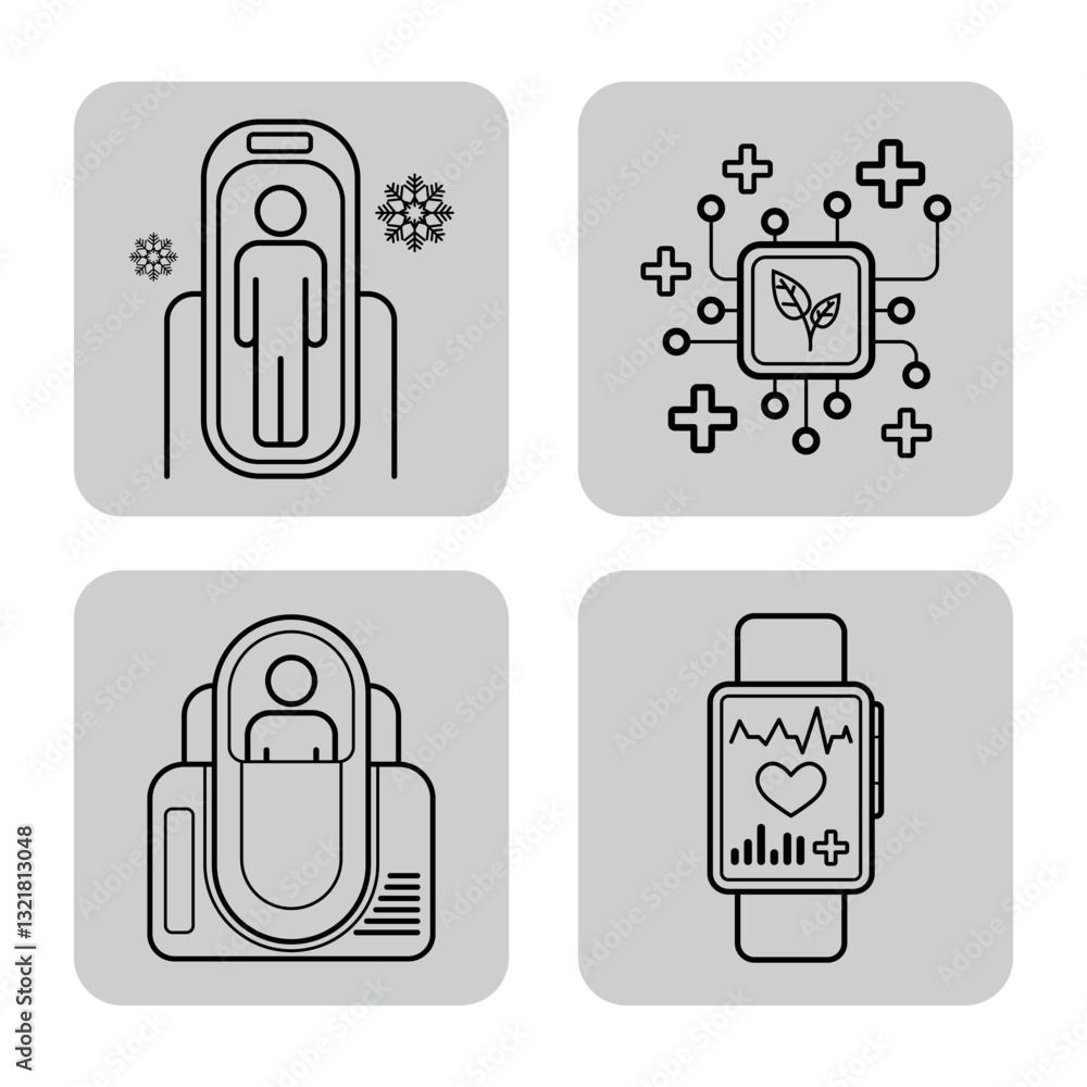 Collection of four icons representing health technology advancements. Health pod, wellness data network, health tracker, and biometric monitoring watch