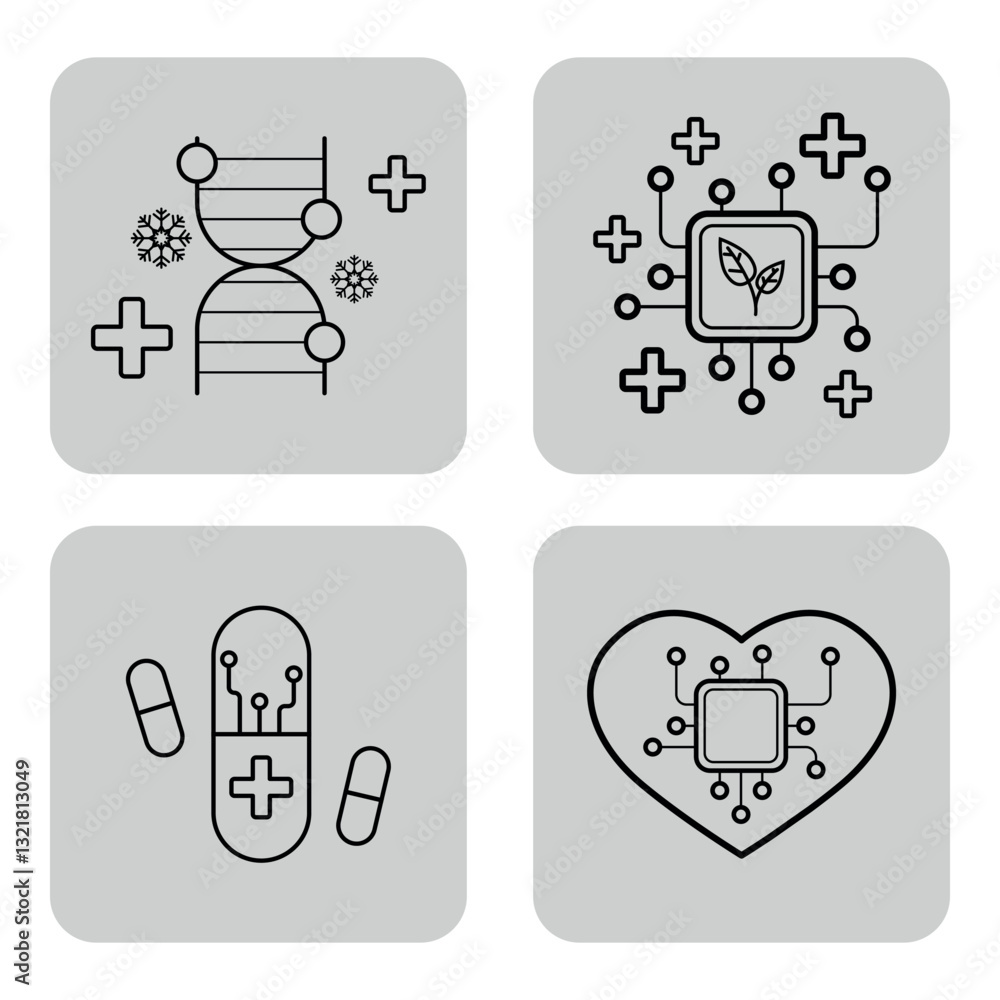 Collection of various health-related icons including DNA, digital leaf, capsules, and heart integrated with technology. Modern healthcare concept
