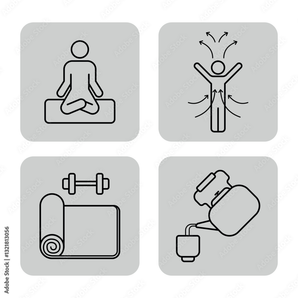 Set of various wellness-related icons, including meditation, stretching exercises, gym equipment, and yoga mats. Healthy living concept Set of various wellness-related icons, including meditation, stretching exercises, gym equipment, and yoga mats. Healthy living concept