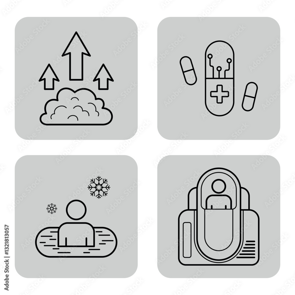 Collection of various health-related icons, including medication, wellness practices, and health monitoring concepts. Health theme