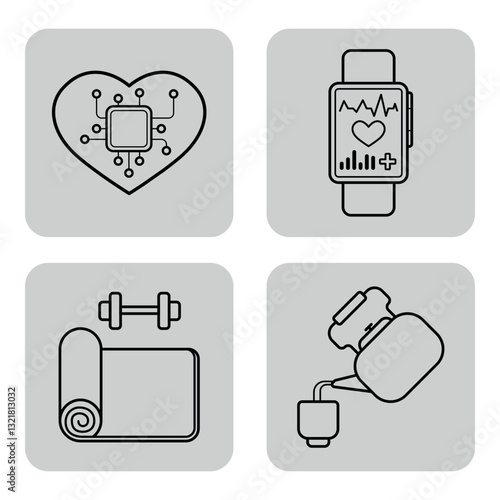 Obraz na płótnie Collection of various health icons, including digital heart, fitness tracker, weights, yoga mat, and hot drink. Wellness and fitness activities concept w salonie