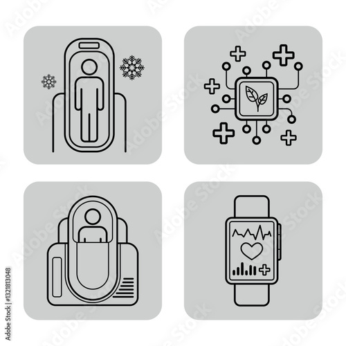 Obraz na płótnie Collection of four icons representing health technology advancements. Health pod, wellness data network, health tracker, and biometric monitoring watch w salonie