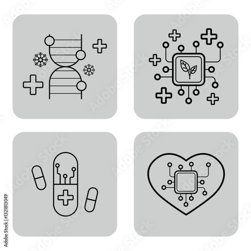 Obraz na płótnie Collection of various health-related icons including DNA, digital leaf, capsules, and heart integrated with technology. Modern healthcare concept w salonie