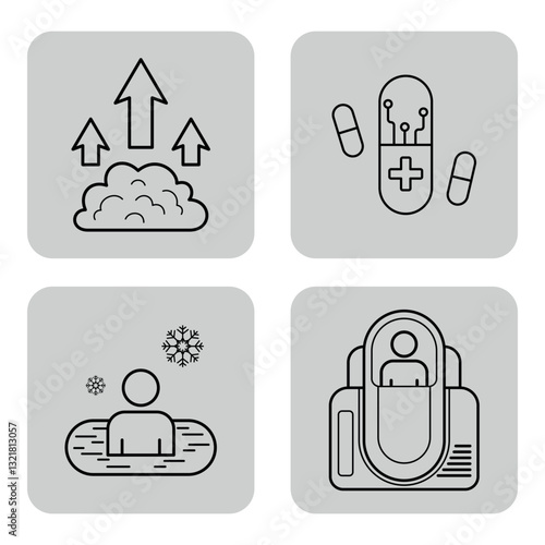 Collection of various health-related icons, including medication, wellness practices, and health monitoring concepts. Health theme