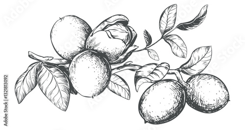 Branch Walnuts drawn horizontal. Vector illustration in engraving technique. Ingredient for nut paste, oil, liqueur. For packaging design. Linear drawing in ink.