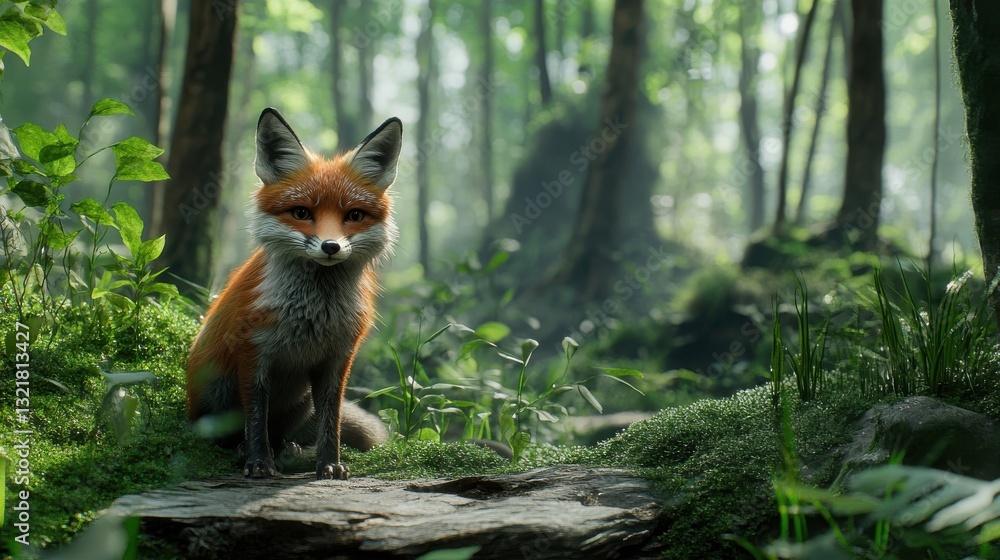 Fototapeta premium A Red Fox Sitting Calmly In A Verdant Forest Environment