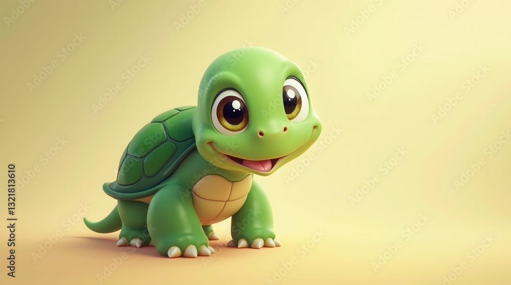 Fototapeta premium Happy cartoon turtle smiling against yellow background