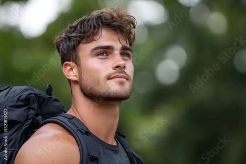 Young male backpacker hiking and admiring nature in a forest