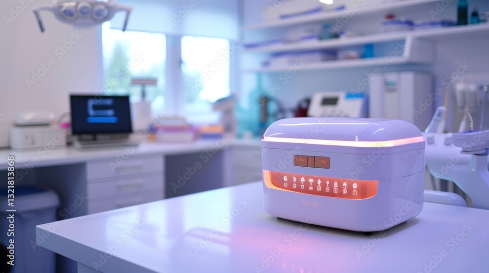 Advanced sterilization unit displayed on a countertop in a modern dental clinic, showcasing a clean and organized workspace with bright lighting. Advanced sterilization unit displayed on a countertop in a modern dental clinic, showcasing a clean and organized workspace with bright lighting.