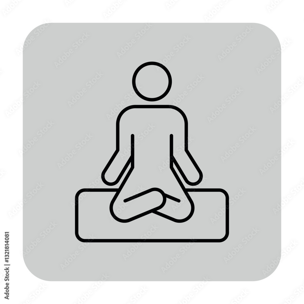 Line icon of human figure in seated meditation posture, promoting health and wellness. Mindfulness and relaxation concept