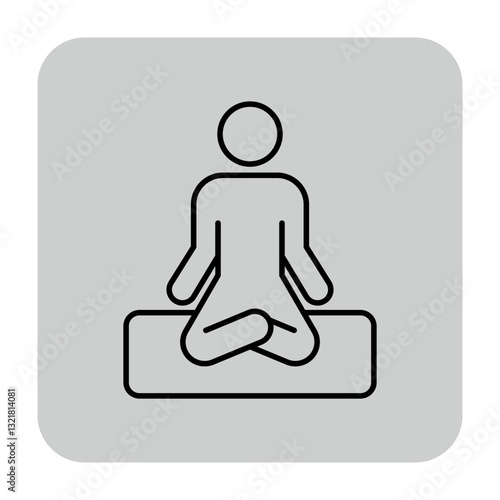 Line icon of human figure in seated meditation posture, promoting health and wellness. Mindfulness and relaxation concept