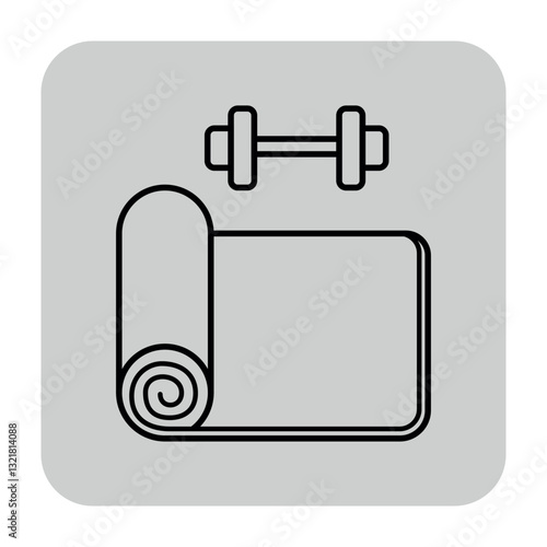 Icon of rolled yoga mat and dumbbell, symbolizing health and fitness. Active lifestyle concept