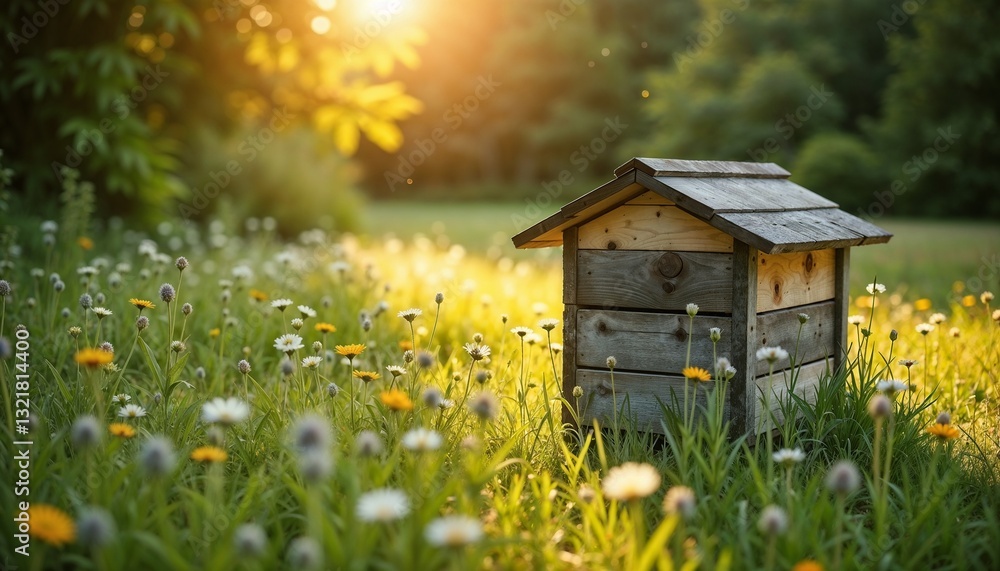 Rustic Wooden Beehive in Wildflower Meadow