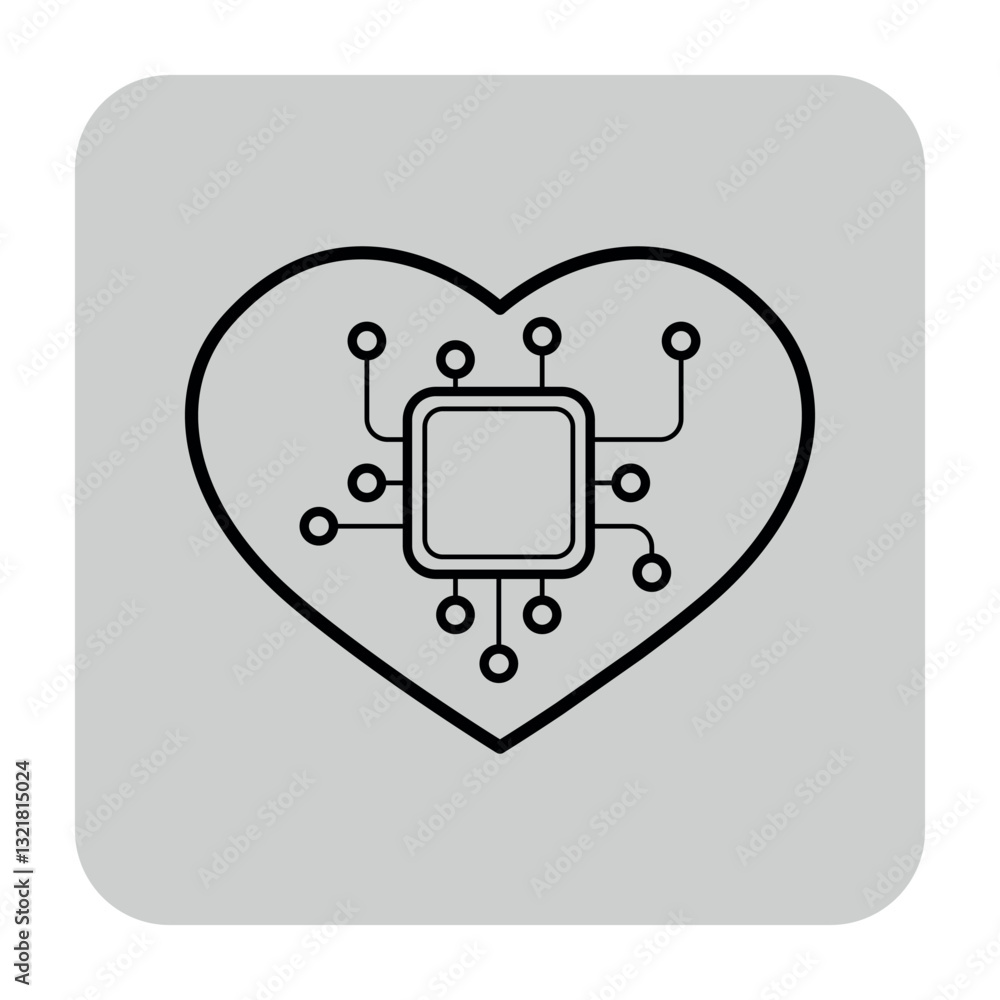Icon of heart interwoven with electronic circuits, symbolizing integration of technology in health. Modern healthcare advancements concept