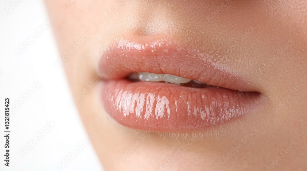 Naklejka premium Woman showing her beautiful glossy lips with lip gloss makeup