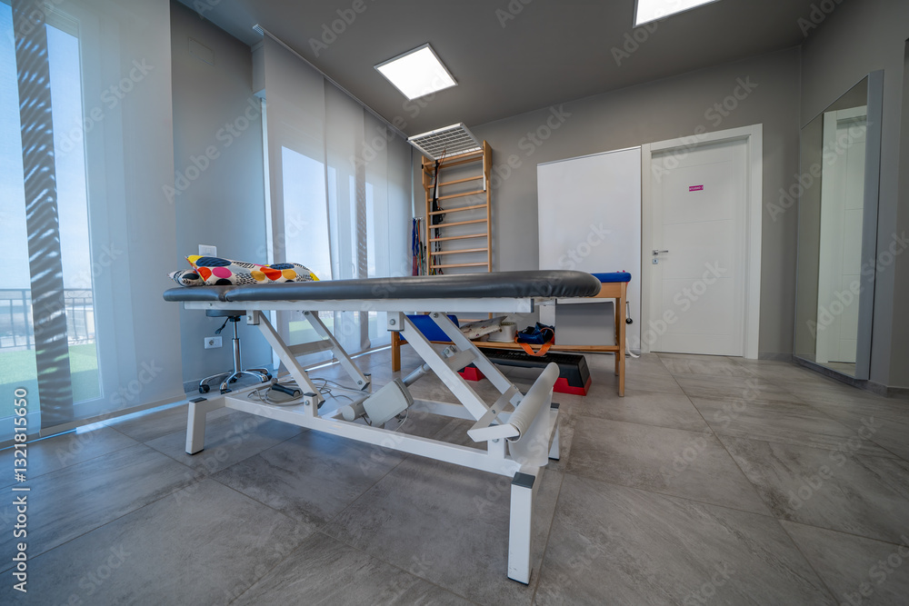 Well-equipped physiotherapy center with medical beds and advanced rehabilitation devices