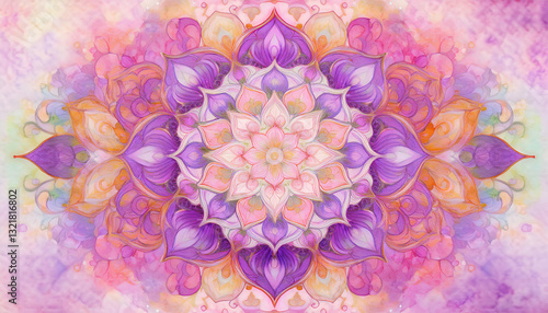 A Serene Mandala Of Purple And Peach Blossoms, Symbolizing Inner Peace And Spiritual Growth, In A Soft Watercolor Wash