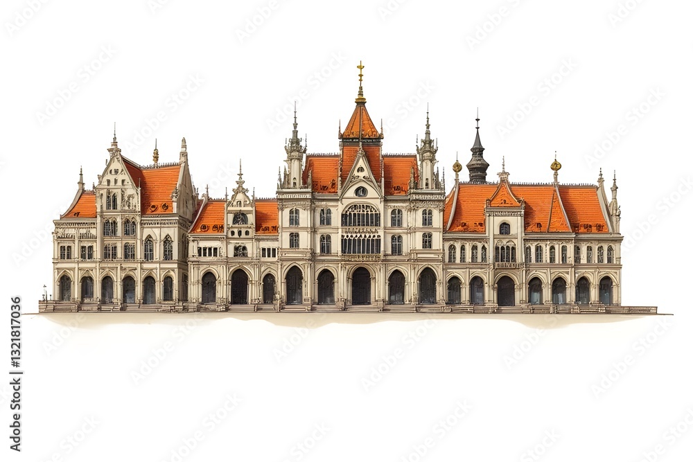 Obraz premium Architectural Drawing of a Grand European Building with Orange Roof