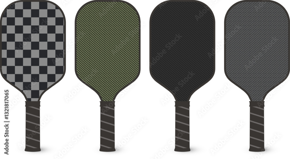 Fototapeta premium Pickleball paddle with different skin materials in realistic scale. Modern textures and colors of racket set for play. High-quality sports equipment design. Layered isolated vector illustration.