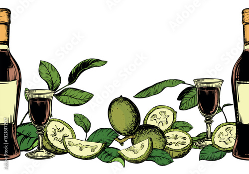Bottle of Italian liqueur Nocino, glass with aperitif. Vector seamless pattern in color engraving technique. Unripe walnut seeds whole and halves, leaves and branches. Linear sketch in black ink.
