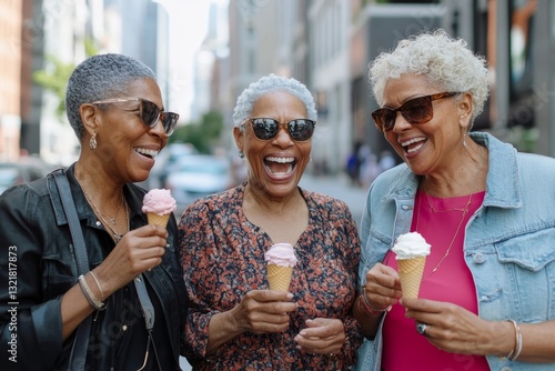 Three mature women eating ice cream cone outside - Older female friends having fun walking on city street - Joyful elderly lifestyle concept
