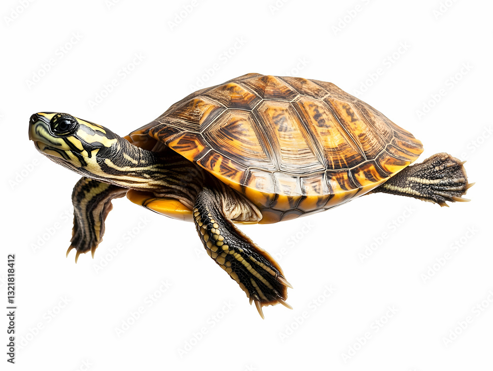 Obraz premium A vibrant turtle swimming gracefully, showcasing its intricate shell patterns and lively demeanor in a bright, clear environment.