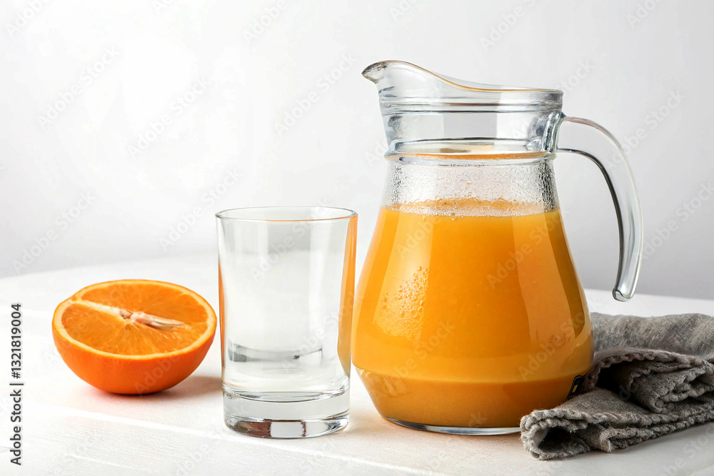A close-up shot of a pitcher of orange juice and a glass of sparkling water, both on a white surface. A close-up shot of a pitcher of orange juice and a glass of sparkling water, both on a white surface.