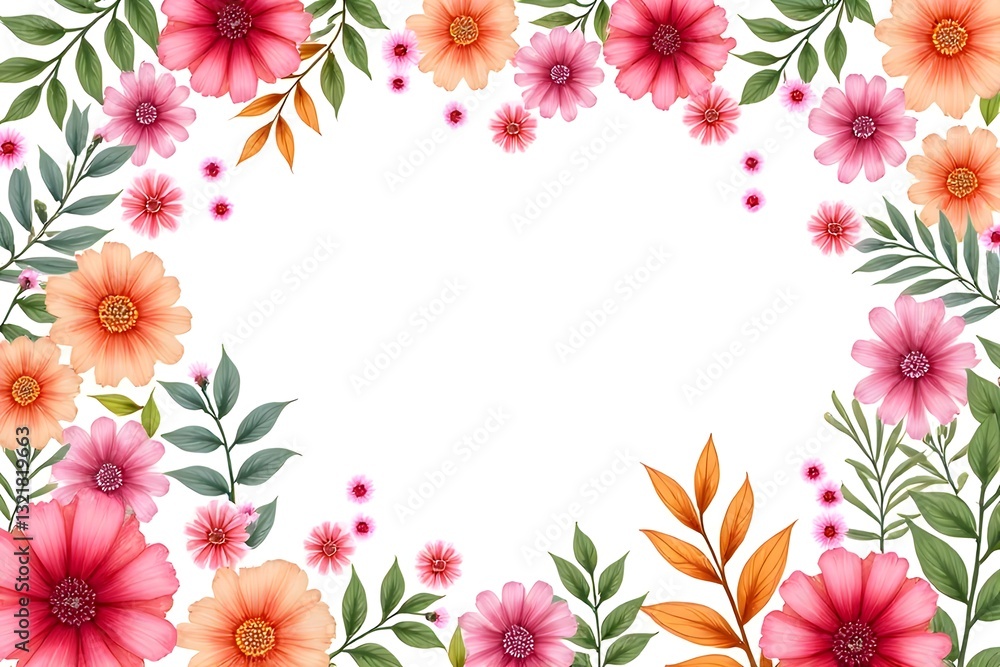 Beautiful Floral Border with Pink and Orange Flowers and Leaves Beautiful Floral Border with Pink and Orange Flowers and Leaves