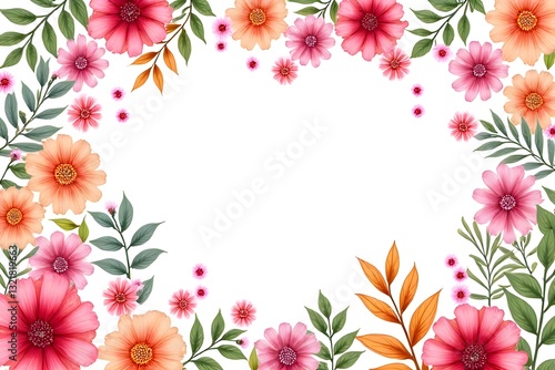 Beautiful Floral Border with Pink and Orange Flowers and Leaves