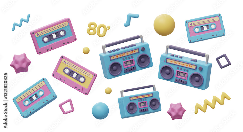 Floating Cassette Tapes and Boomboxes with Eighties Inspired Geometric Shapes Floating Cassette Tapes and Boomboxes with Eighties Inspired Geometric Shapes