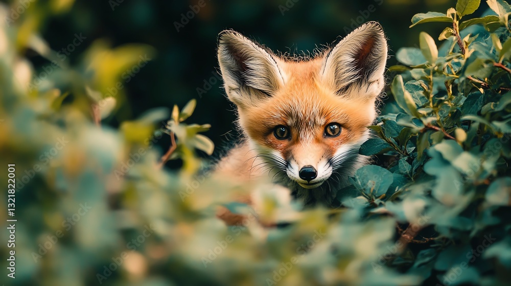 Fototapeta premium A curious fox peeks through lush green foliage, showcasing its bright orange fur and expressive eyes in a natural setting.