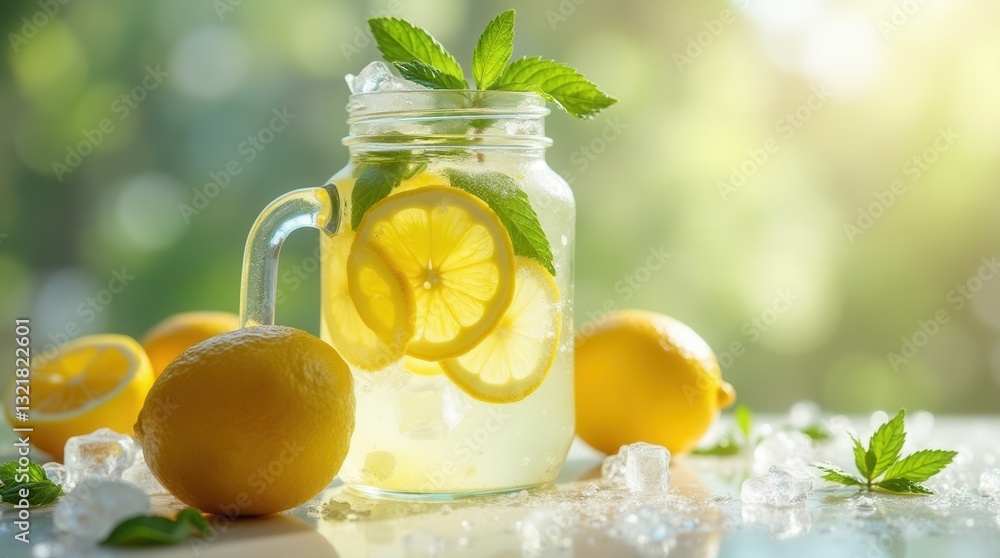 Fototapeta premium Refreshing homemade lemonade with mint in garden setting