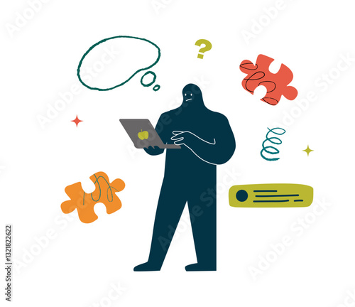 A rounded character holds a laptop in his hands. It is surrounded by puzzle pieces, speech bubble and doodles. This is a metaphor for work, freelancing, and workload.
