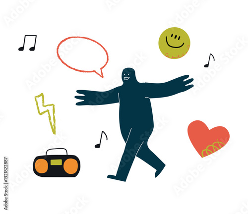 A joyful rounded character dances to the music. It is surrounded by hearts, clouds and bubbles. A symbol of happy activity.