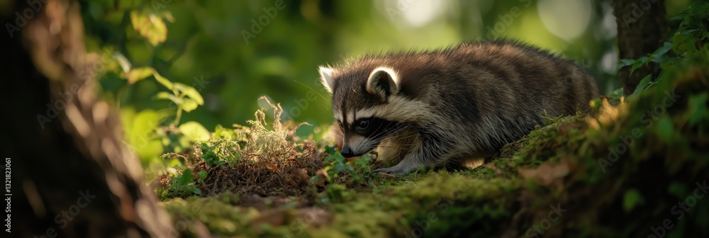 Obraz premium A curious and playful raccoon stealthily foraging through its lush green environment, showcasing the charm of wildlife and the beauty of nature in vibrant light.