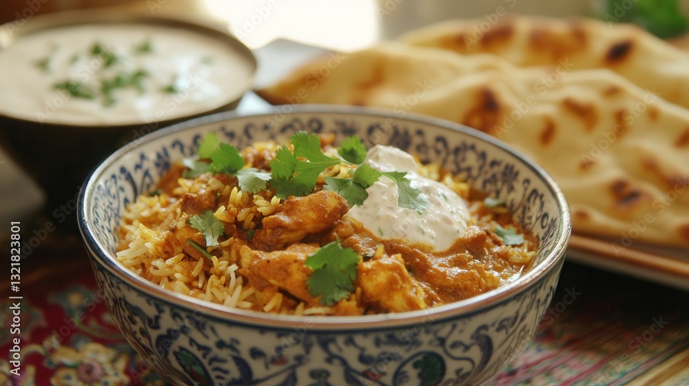 a fragrant bowl of Indian biryani with long-grain basmati rice, tender pieces of spiced chicken a fragrant bowl of Indian biryani with long-grain basmati rice, tender pieces of spiced chicken