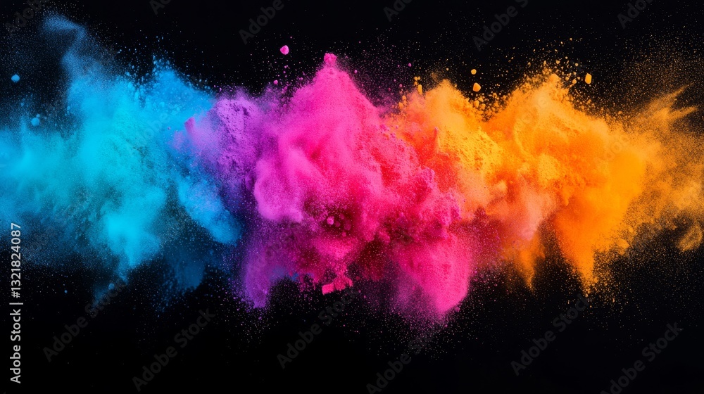 Fototapeta premium A vibrant explosion of colored powder in blue, pink, and orange, set against a black background, creating a dynamic visual effect.
